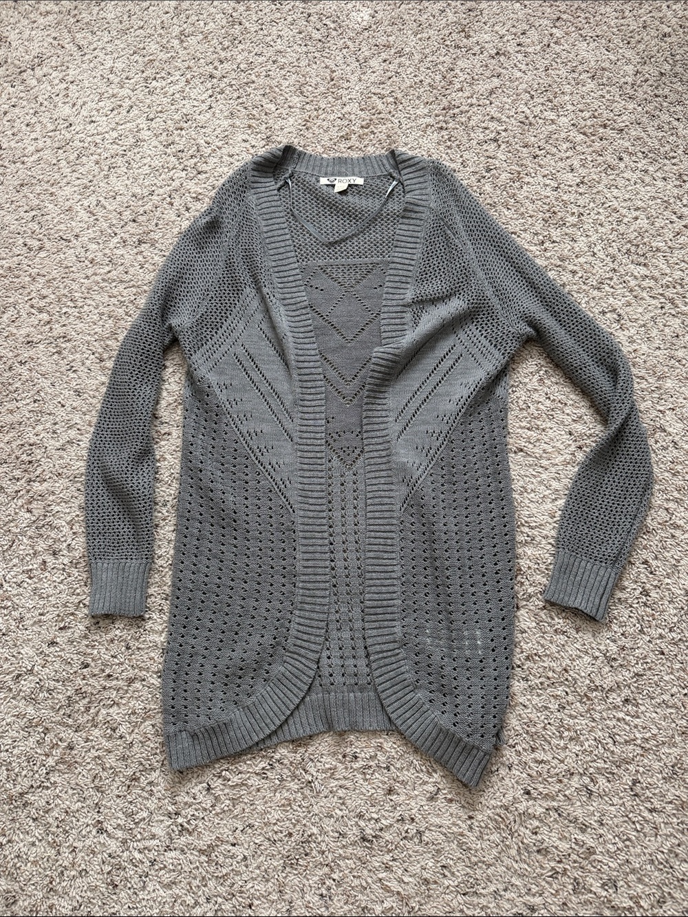 Roxy Open-Front Gray Knit Cardigan